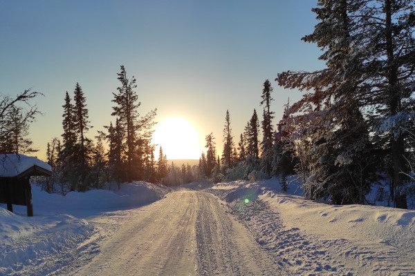 Solnedgång över snöiga vägen och landskapet.